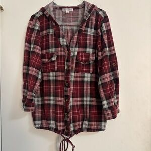 Burgundy and White Plaid Button-Front Hooded Shirt| Roommates